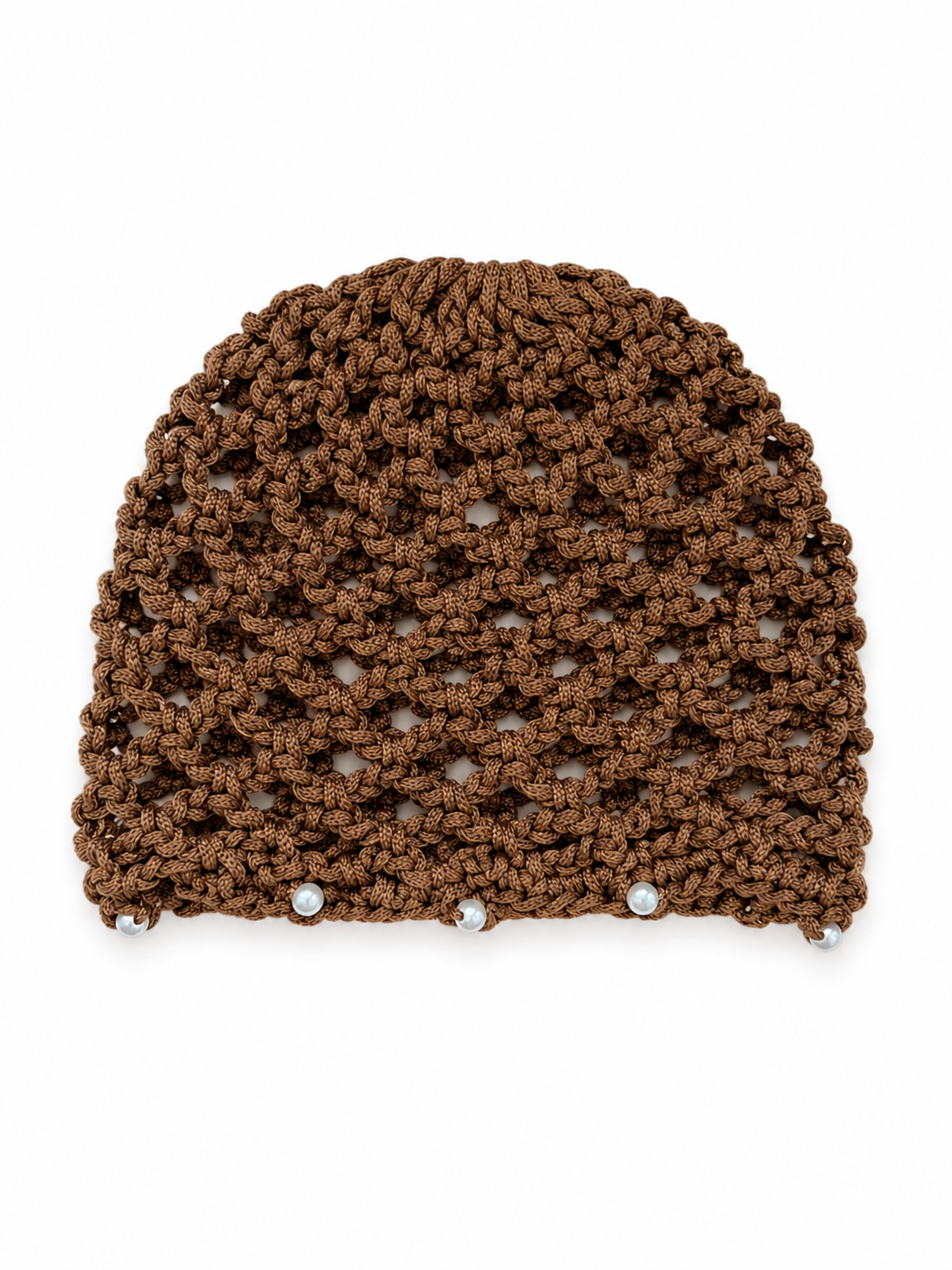 Filet à cheveux en crochet Cannelle — Brun cognac · Perles blanches, fait main au Maroc