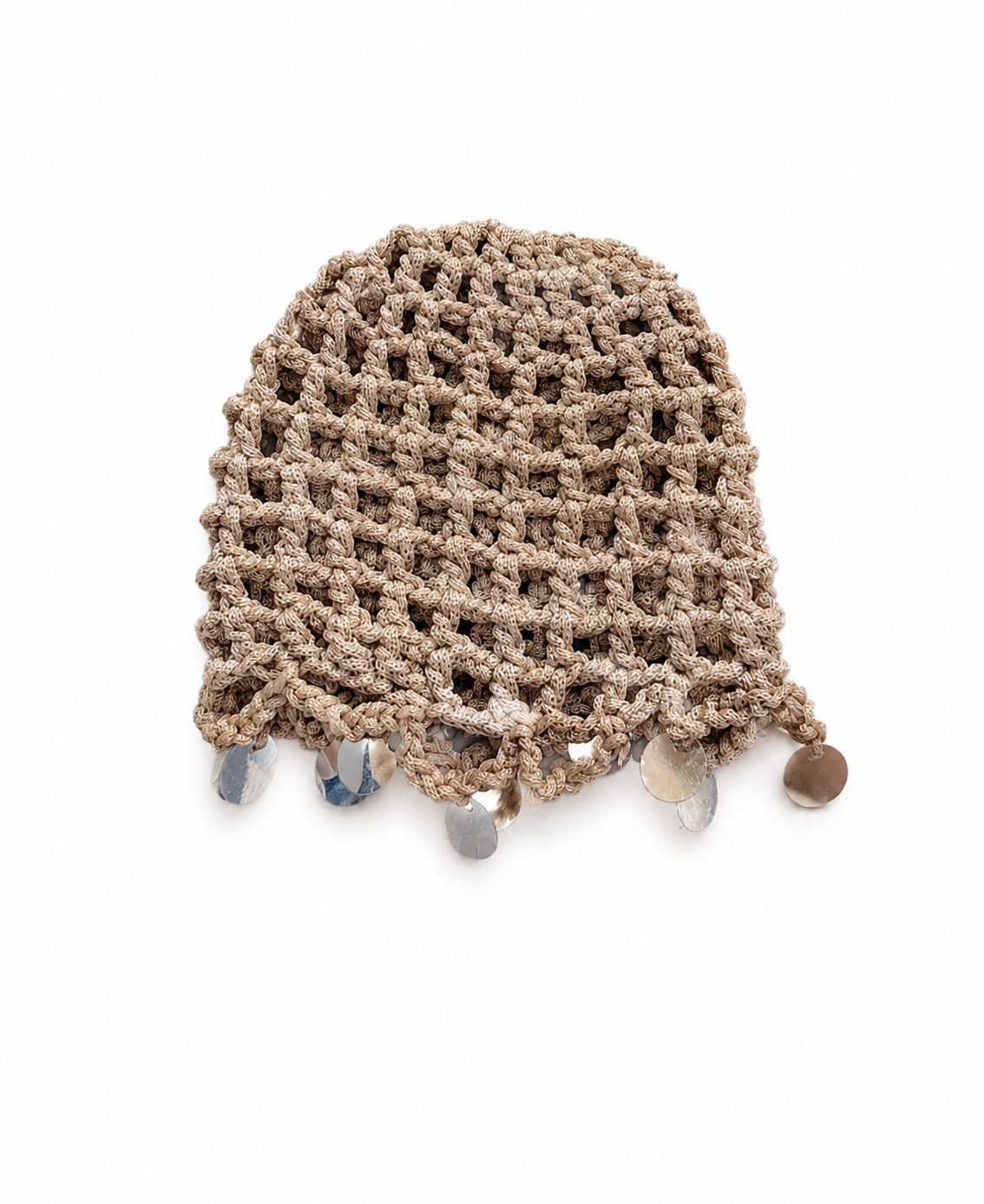 Filet à cheveux en crochet Lune — Sable · Sequins argent, fait main au Maroc
