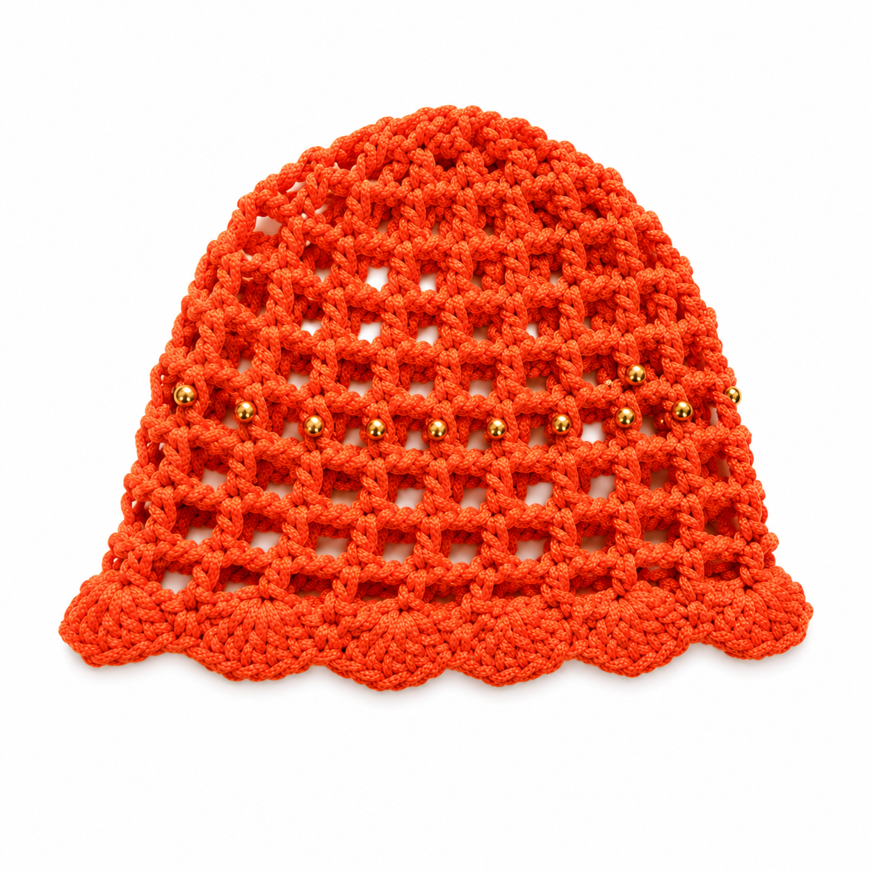 Filet à cheveux en crochet Soleil — Orange vif · Perles or, fait main au Maroc